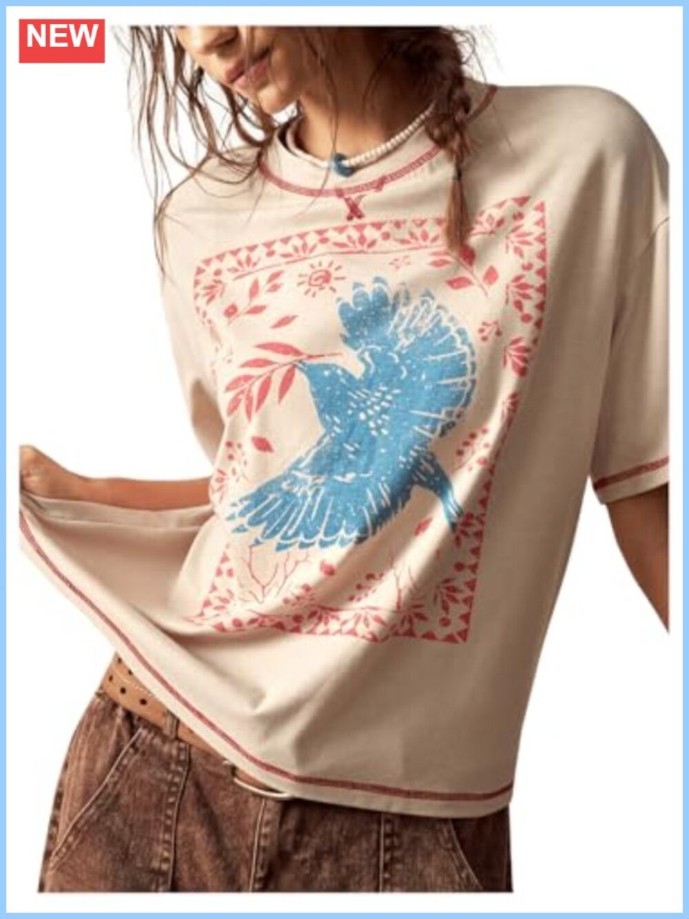 Women's Boho Graphic T-Shirt Oversized Drop Shoulder Vintage Hippie Tee